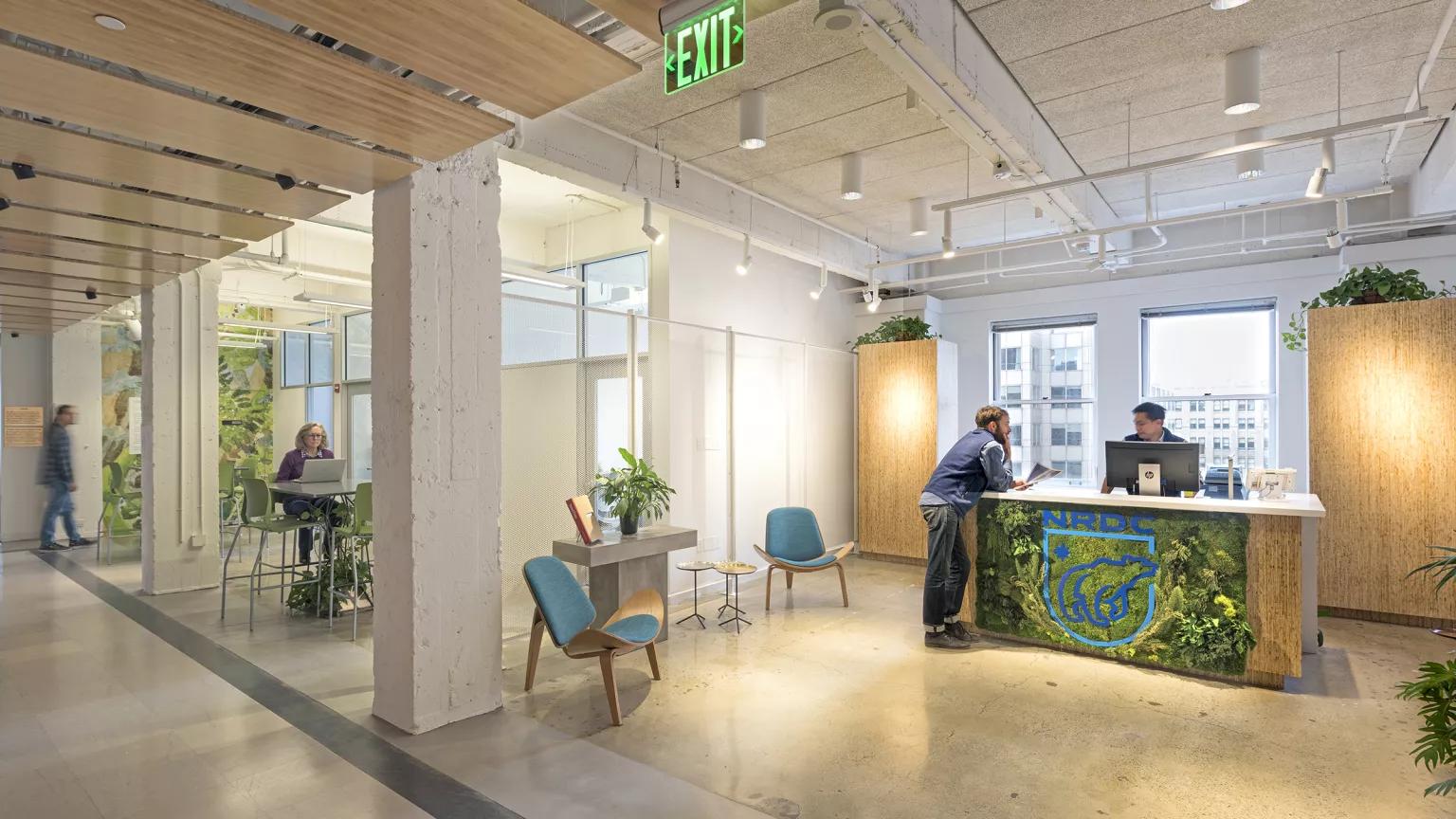 The interior of a bright office space with large windows and green plants