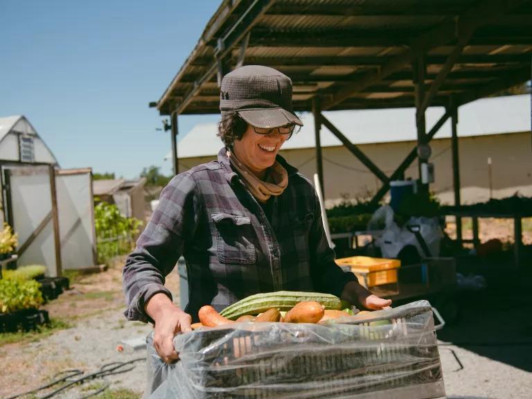 A woman carries a crate full of vegetables near a covered outdoor structure