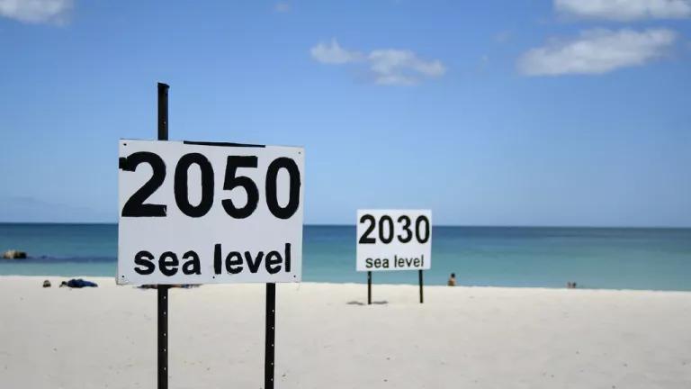 Signs posted on a sandy beach show where the sea level will be in 2050 and in 2030.