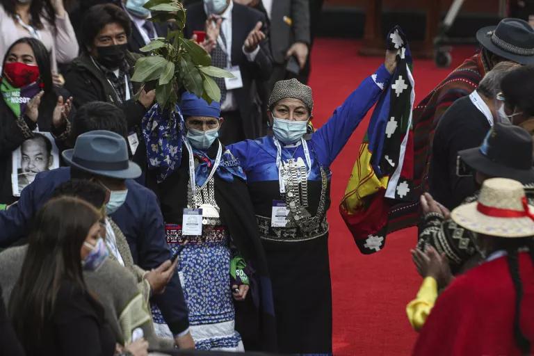 A woman in traditional dress wears a face mask and holds up a flag while standing in a crowd