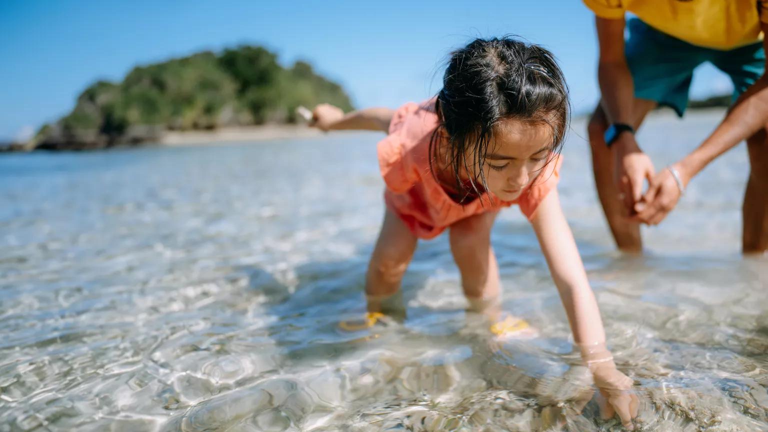 A child wading in clear water water picking up something from the water and holding an object in their other hand, with the legs of an adult behind her