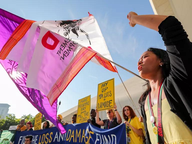 A person raising their fist, with a group of people near her holding a large blue banner that says “Fill the Loss and Damage Fund”