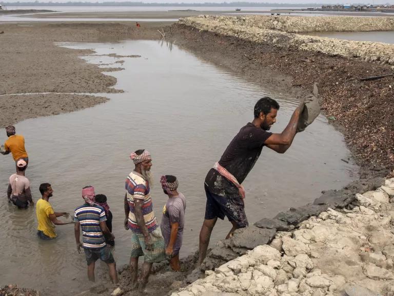 A line of people stand in shallow water passing rocks to add to a large wall