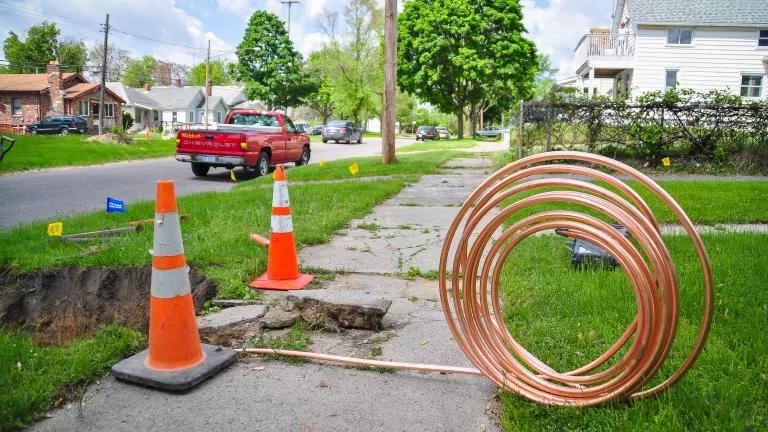 New copper piping being used during replacement of the city's water service lines in Flint, Michigan, May 2017.