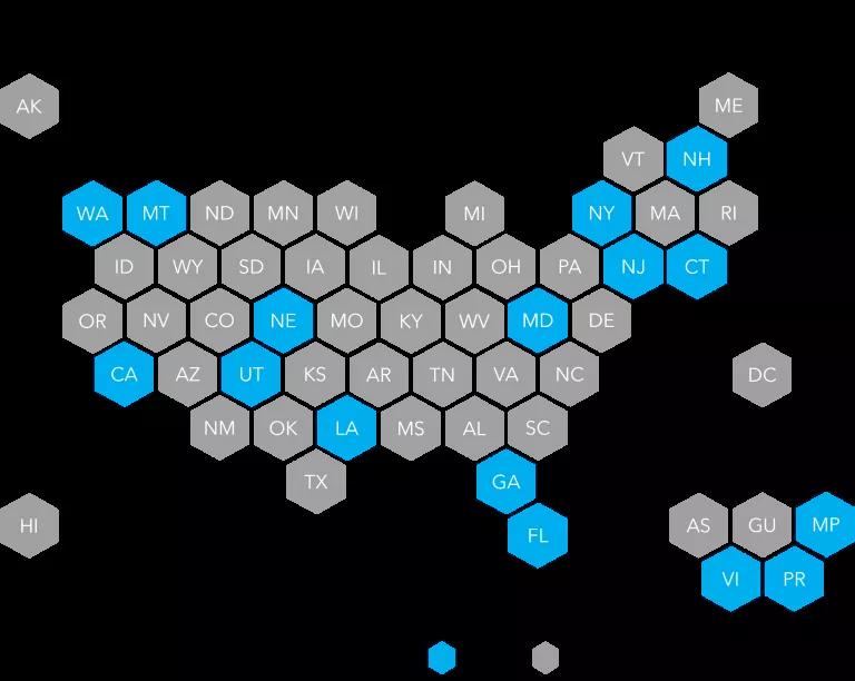 Map of the 56 U.S. states and territories showing which jurisdictions' codes have higher hazard resistance according to FEMA's Building Code Adoption Tracking program.