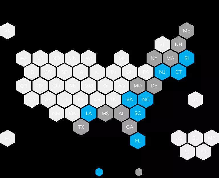 Map of the 18 Atlantic and Gulf Coast states, showing which jurisdictions'' codes received "top" or "good" ratings from IBHS.