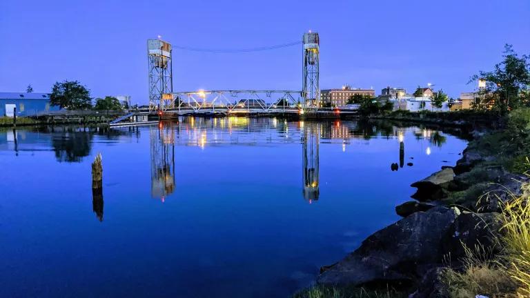 A movable bridge as seen at dusk