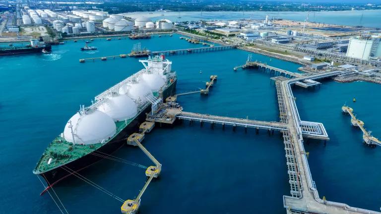 An aerial view of a liquefied natural gas tanker ship anchored at a terminal in Thailand