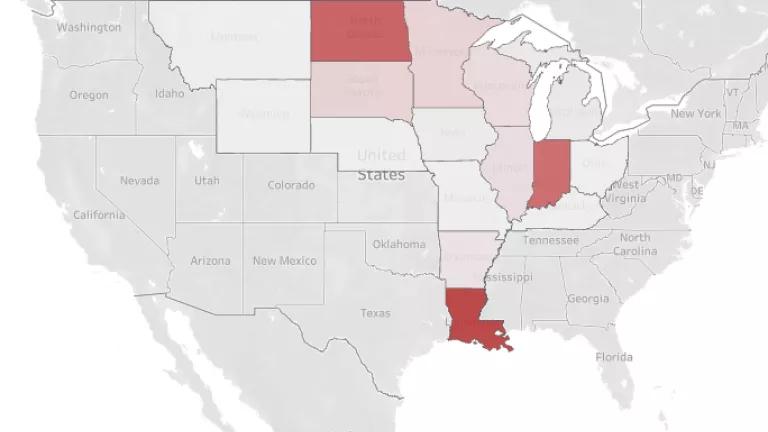 A map of the continental United States with some Midwest states highlighted in pink or red