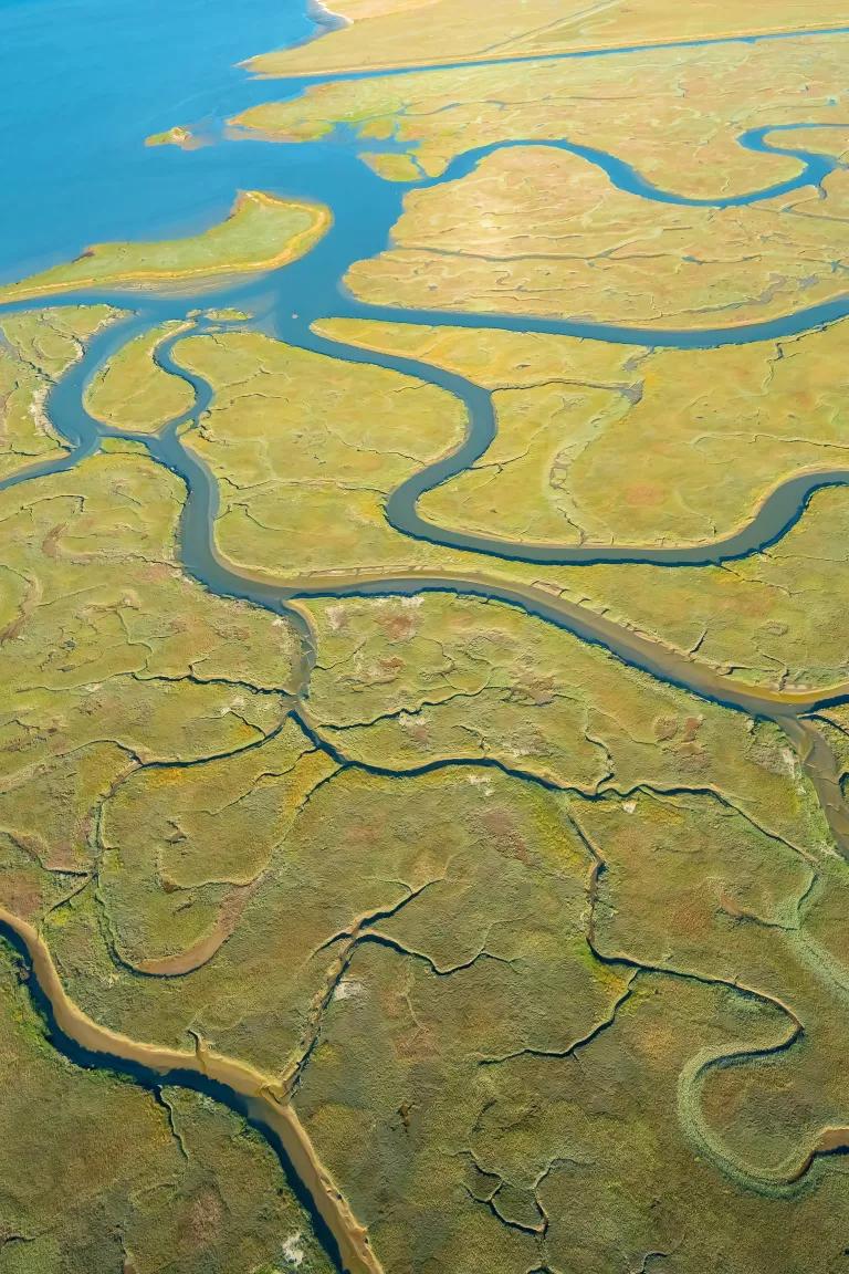 An aerial view of an estuary at Bair Island Marine Park in Redwood City, California