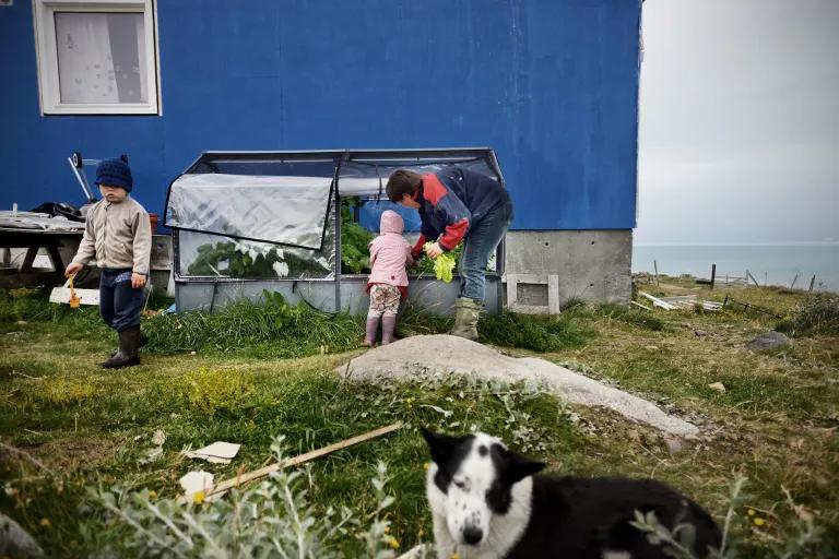 A woman and two small children stand near a covered raised garden