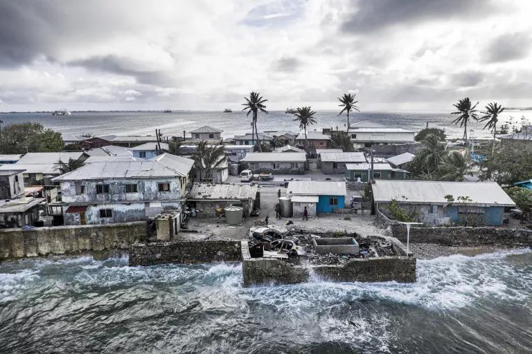 A cluster of homes and palm trees are surrounded by uneven concrete walls and seawater