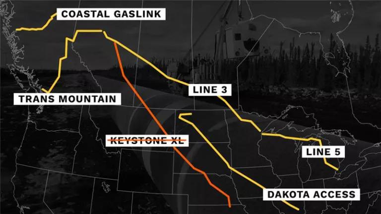 A map showing routes of pipelines across western Canada and the United States