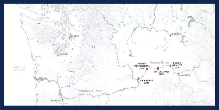 A map of the Snake River and dam locations