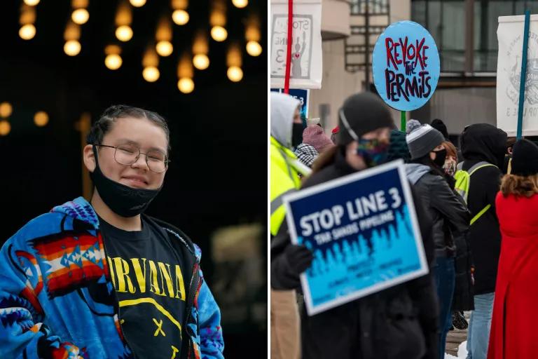 At left, a person in a Nirvana t-shirt stands in front of a building; at right, protesters on a city street hold posters that read "Revoke the permits" and "Stop Line 3"