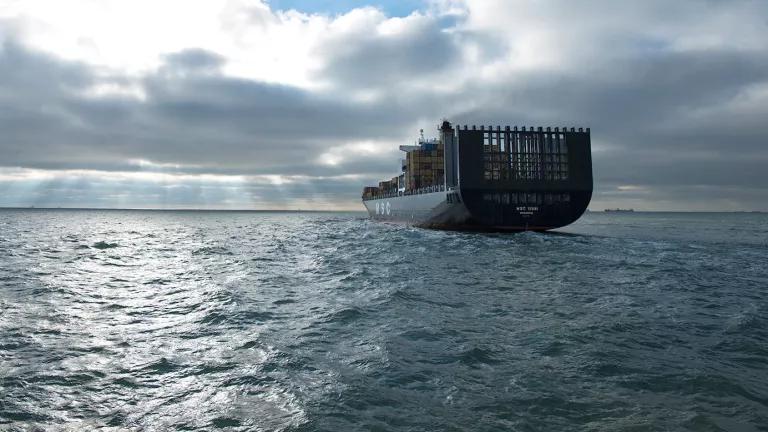 A container ship traveling through the Houston Ship Channel