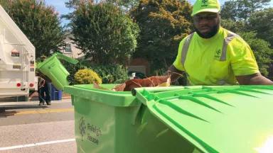 A sanitation worker wearing a fluorescent green uniform looking into a fluorescent green trash bin while a sanitation truck stands in the background