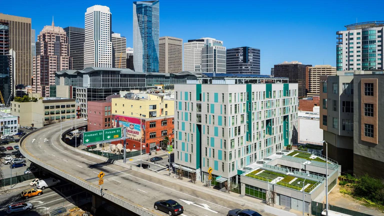 An aerial view of the Rene Cazenave apartment buildings in San Francisco