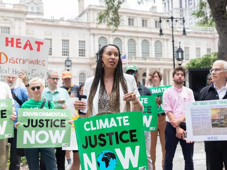 New York City councilmember Sandy Nurse speaking at the Too Hot to Handle rally hosted by WE ACT for Environmental Justice in City Hall Park, New York City