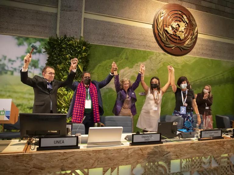 Six UNEA attendees standing and holding hands above their heads in celebration